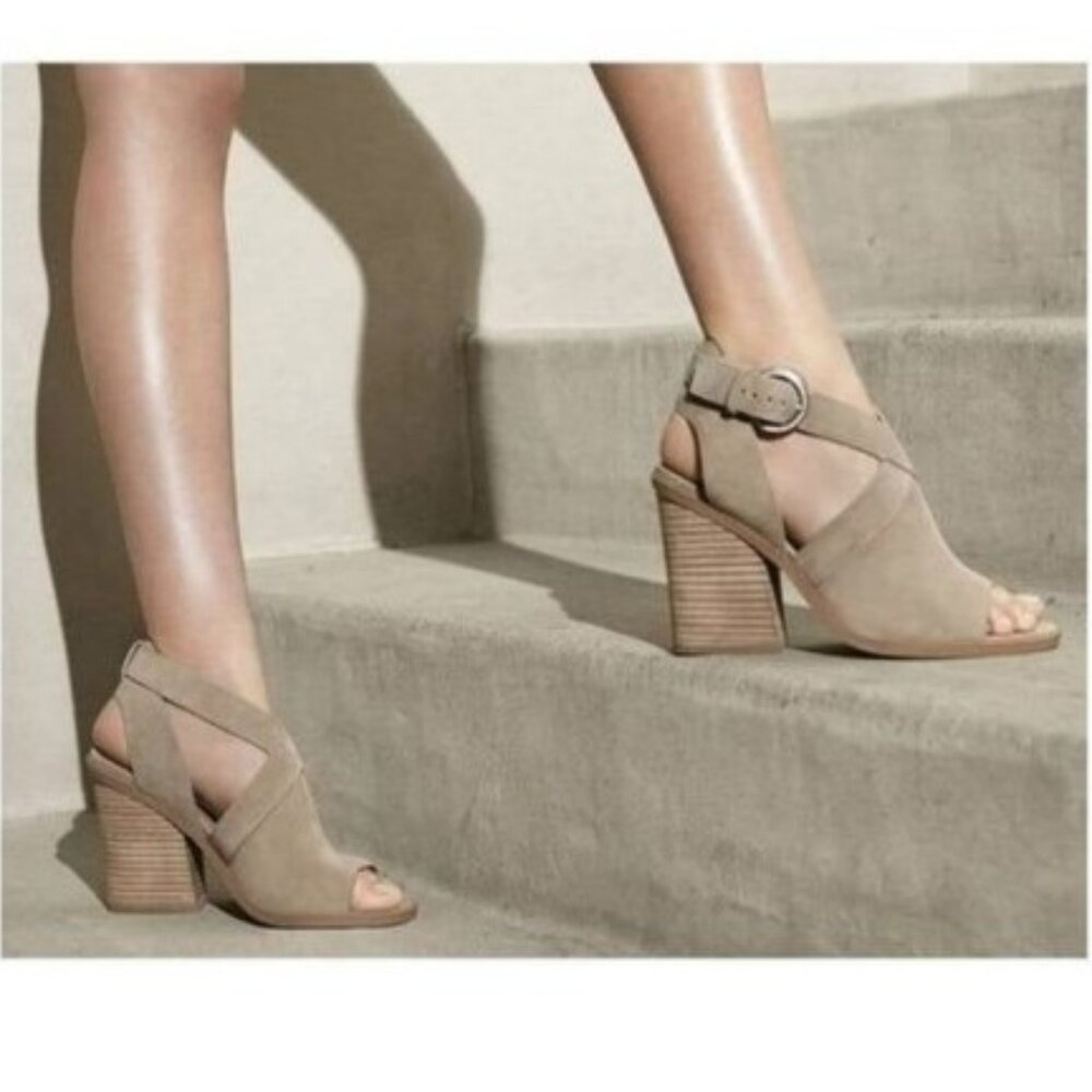 Marc Fisher Suede Open-Toe Block Heel Sandals in Taupe